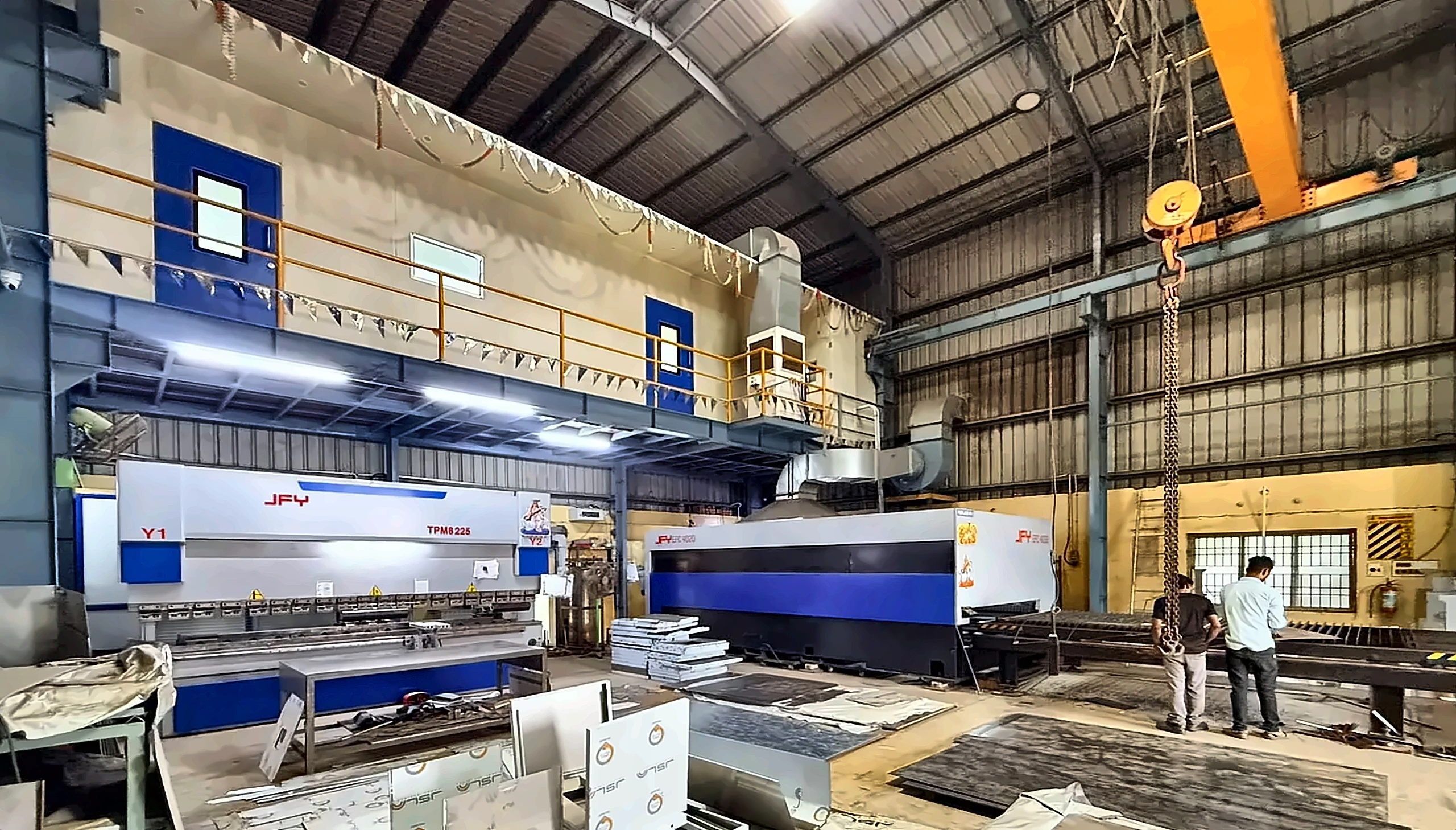 Rajeswari Engineering Works shop floor in Kundrathur with the laser-cutting machine and EOT crane